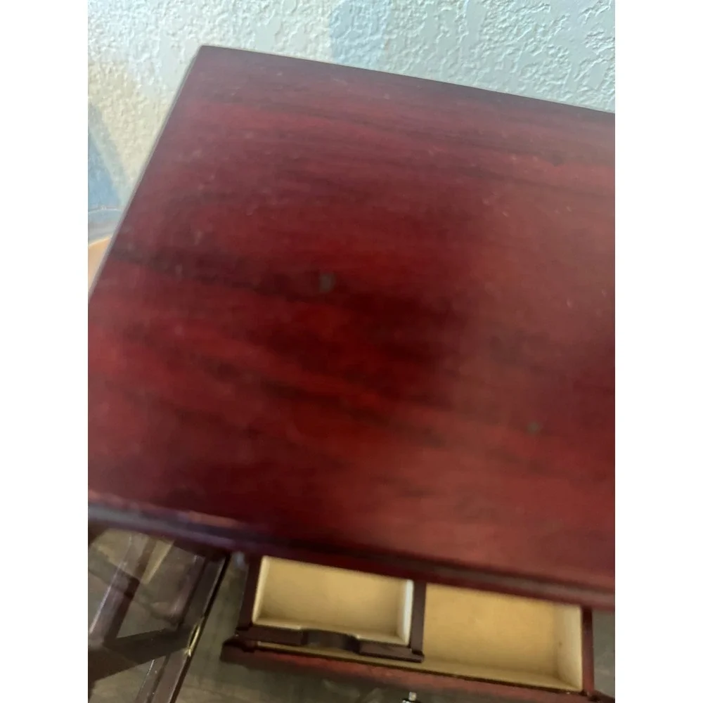 Vintage Wooden Jewelry Armoire Cherry Finish Glass Doors Necklace Carousel Box